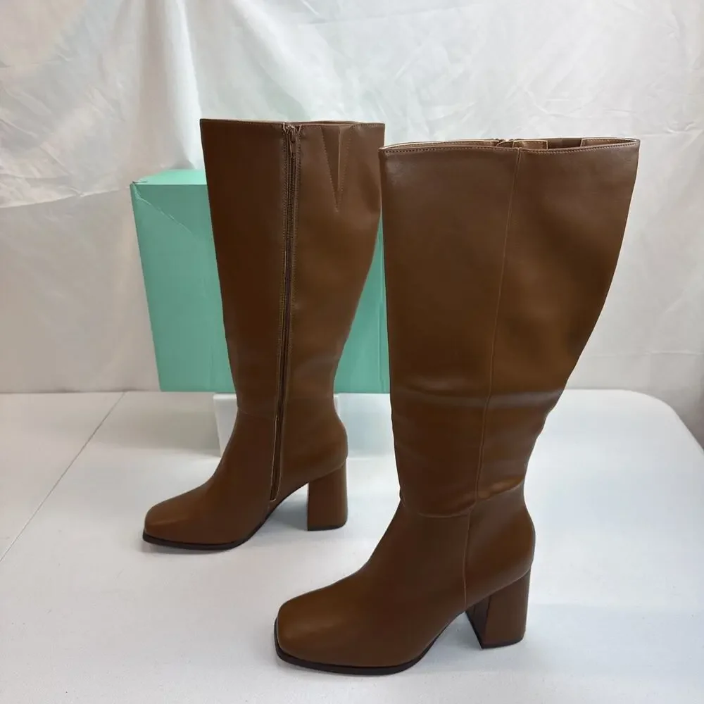 Ankis Tall Boots Womens Size 9.5 Brown Faux Leather Square Toe Chunky Heel